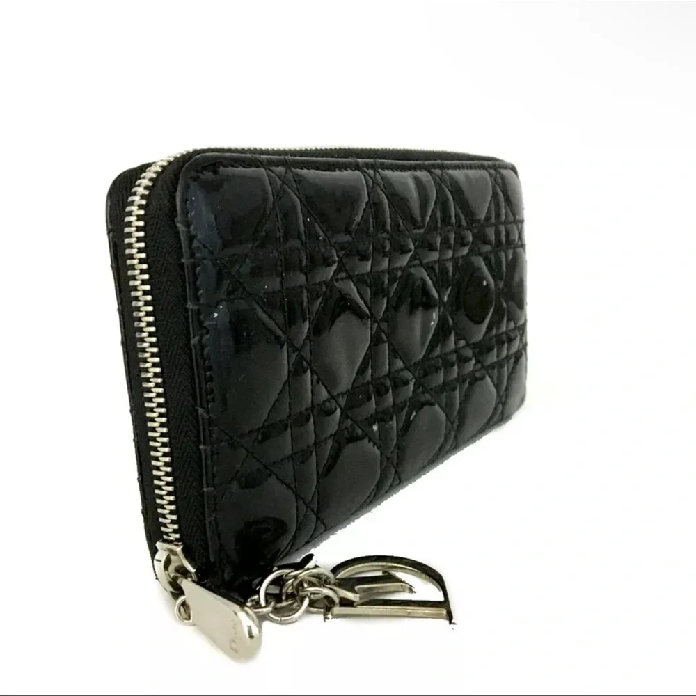 AUTH Christian Dior Cannage Patent Leather Zip Long Wallet Black